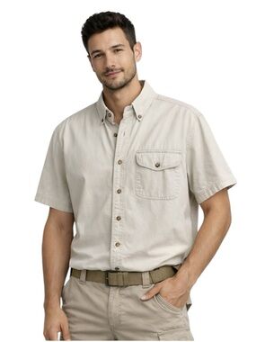 Prides Landing Men Short Sleeve Button Down Shirt in Cream Size Medium 1 Pocket